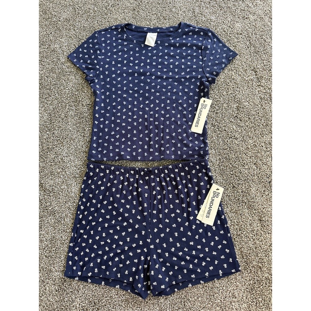 No Boundaries Pajama Set Womens S Blue Floral Tee & Shorts Sleepwear